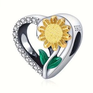 S925 Sterling Silver Sunflower Heart Charm with Crystal Accents - NWT